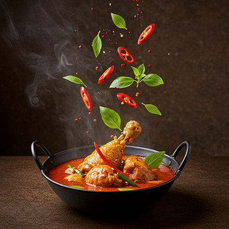 Chicken curry with vegetables and spices in a bowl on a dark backgroundの素材