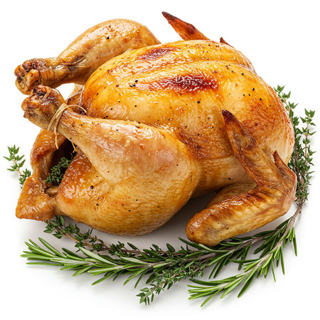 Whole roasted chicken with rosemary and thyme isolated on white backgroundの素材