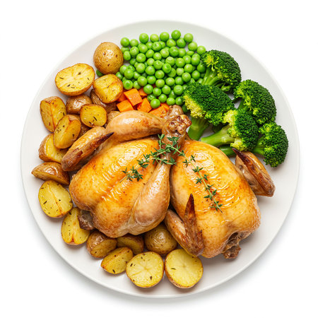 Roast chicken with potatoes and green peas on a plate isolated on white backgroundの素材