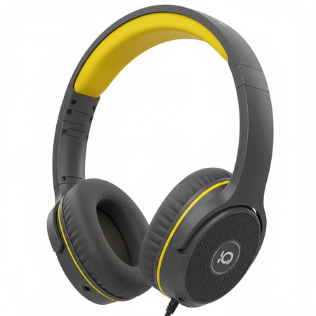 Black and yellow headphones isolated on white background. 3D illustration.の素材