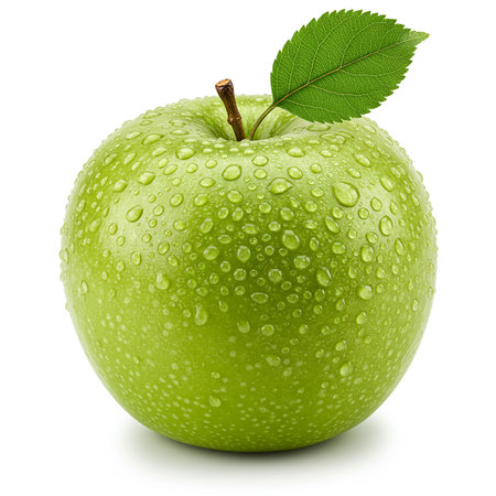 Green apple with water drops isolated on white background. Clipping Pathの素材