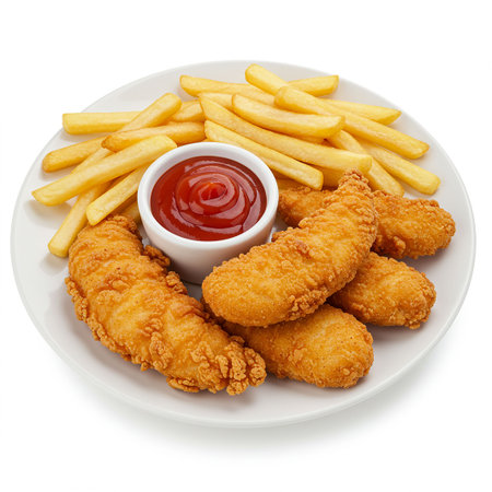 Fried chicken nuggets with french fries and ketchup isolated on white backgroundの素材