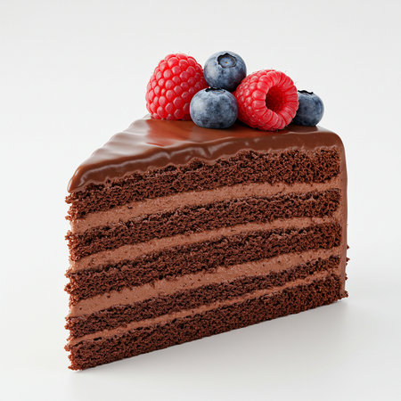 Chocolate cake with raspberries and blueberries on a white backgroundの素材