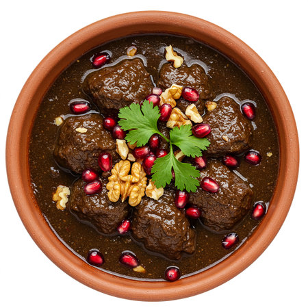 Beef stew with pomegranate seeds and walnuts isolated on white backgroundの素材