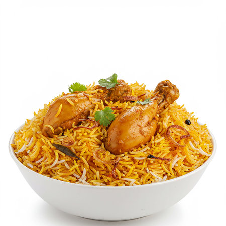 Bowl of chicken biryani isolated on white background with clipping pathの素材