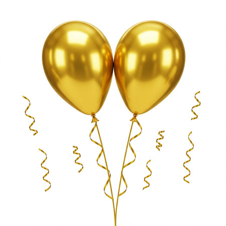 Golden balloons with ribbons isolated on white background. 3d render.の素材