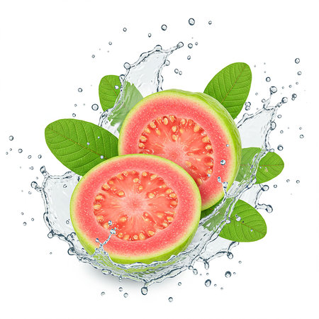 Fresh guava with water splash isolated on white background. 3d illustrationの素材