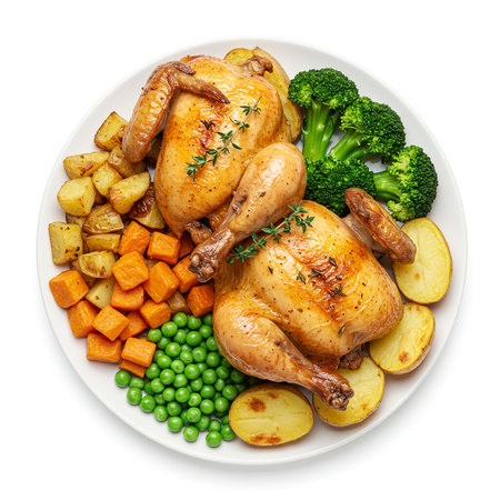 Roasted chicken with potatoes and vegetables on white background, top viewの素材