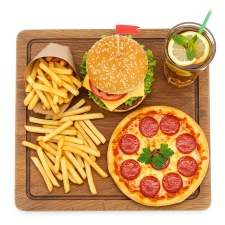 Cheese burger, french fries and cola drink on wooden boardの素材