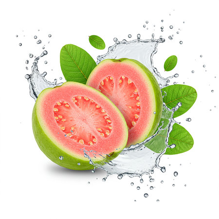 Fresh guava with water splash and leaves isolated on white background.の素材