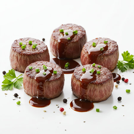 Grilled beef fillet steaks with sauce and parsley on white backgroundの素材