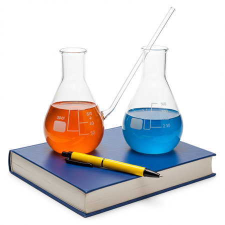 Laboratory glassware and book isolated on white background with clipping pathの素材