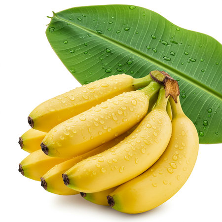 Bunch of bananas with green leaf isolated on a white background.の素材