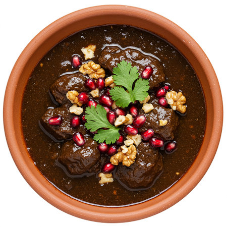 Beef stew with pomegranate seeds and walnuts isolated on white backgroundの素材