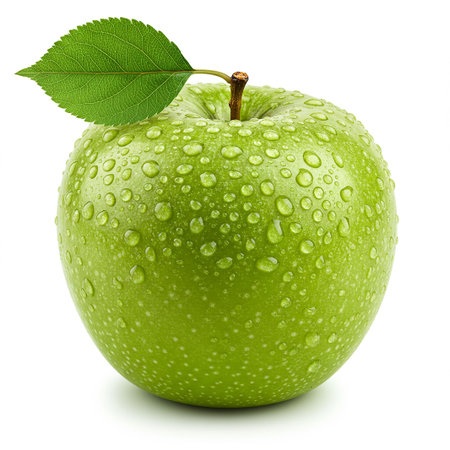 Green apple with leaf and water drops isolated on a white background.の素材