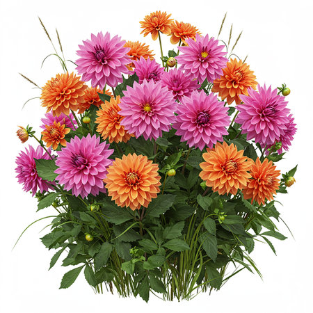 Bouquet of dahlias in vase isolated on white backgroundの素材