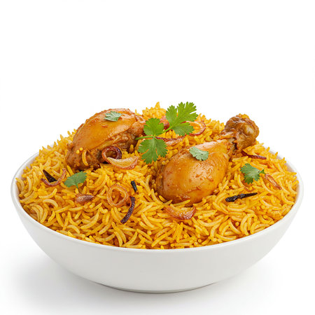 Bowl of spicy chicken biryani isolated on white background.の素材
