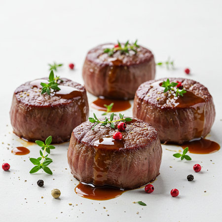 Grilled beef steaks with sauce and herbs on a white backgroundの素材