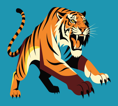 Tiger vector illustration, isolated on blue background, side view.の素材