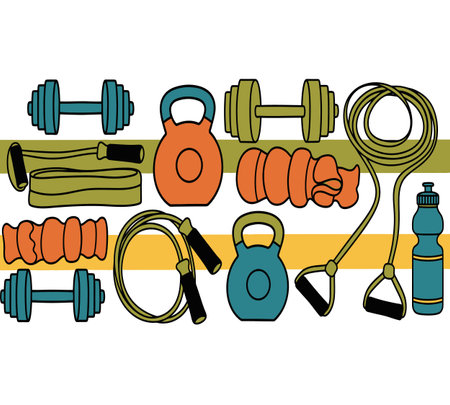 Fitness equipment. Dumbbells, skipping rope, jump rope, bottle of water. Vector illustrationの素材