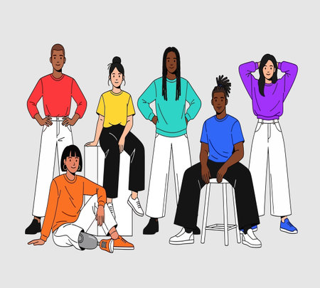Vector illustration of a group of young people on a white background.の素材