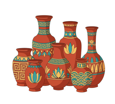 Set of ceramic vases with patterns. Hand drawn vector illustration.の素材