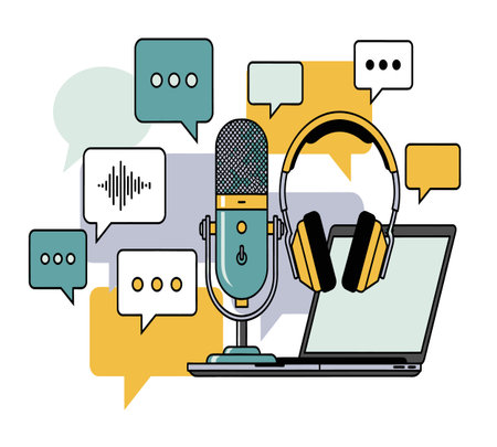 microphone with laptop and speech bubbles icon cartoon vector illustration graphic designの素材