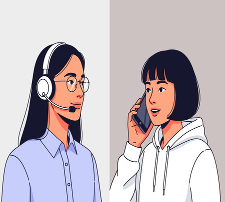 Vector illustration of a call center operator with headset and customer service assistantの素材