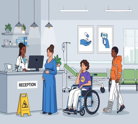 Disabled patient at hospital reception desk with nurse and doctor vector illustration graphic designの素材