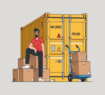 Man with boxes and hand truck. Vector illustration in flat style.の素材