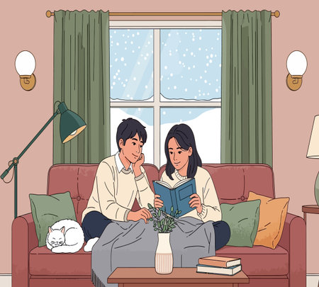 Couple reading a book in the living room. Vector illustration.の素材