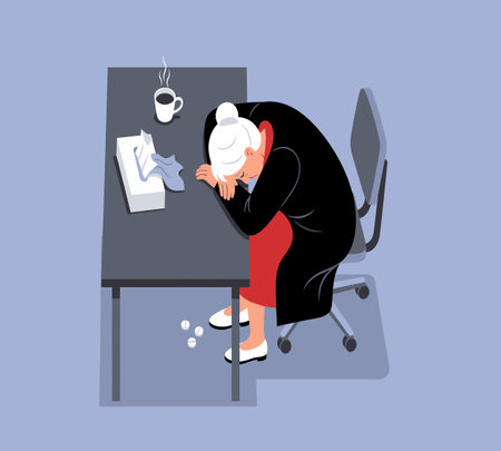 Elderly woman is sitting at the table. Vector illustration in flat styleの素材