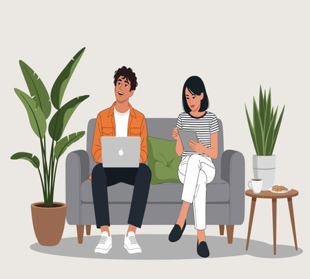 couple using laptop sitting on sofa in living room vector illustration designの素材