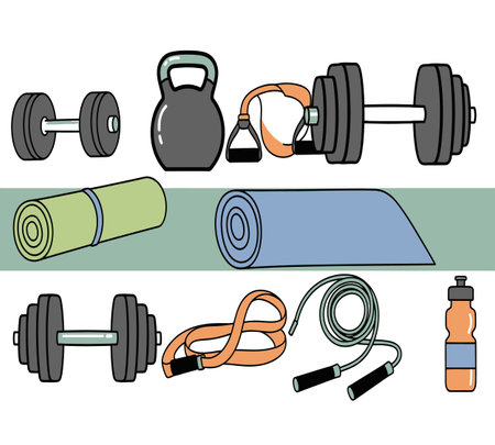 Fitness and healthy lifestyle concept. Vector illustration of dumbbells, jump rope, bottle of water and skipping rope.の素材