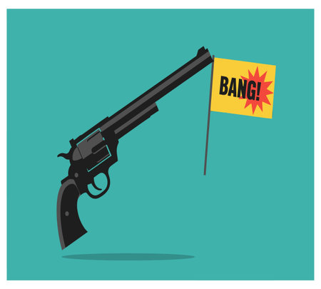 Gun with a warning sign on a blue background. Vector illustration.の素材