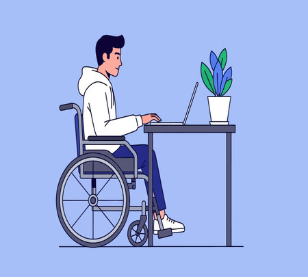 Disabled man in wheelchair working at laptop. Flat vector illustration.の素材
