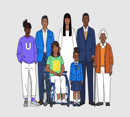 A large family with a disabled man in a wheelchair. Vector illustration.の素材