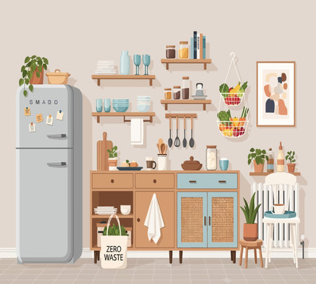 Kitchen interior with furniture and accessories. Vector illustration in flat styleの素材