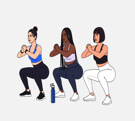 Vector illustration of a group of women doing squats with dumbbells.の素材