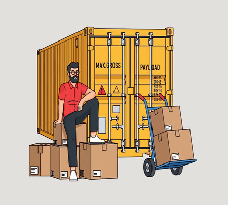 Delivery man in red t-shirt with boxes on hand truck. Vector illustration.の素材
