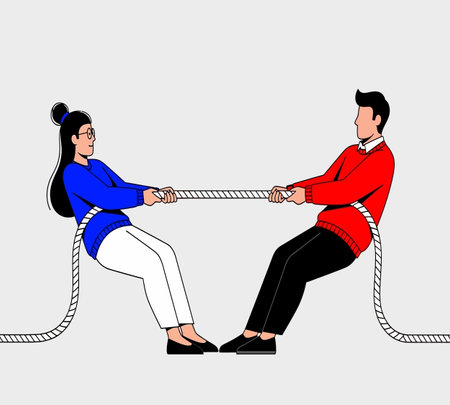 Man and woman pulling rope, tug of war. Vector illustration.の素材