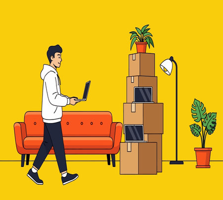 Man with laptop and boxes in the living room. Flat vector illustration.の素材