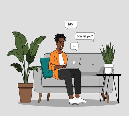 Young african american man sitting on sofa with laptop. Vector illustrationの素材