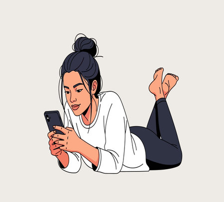 Young woman using mobile phone. Vector illustration in pop art comic style.の素材
