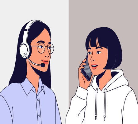 Vector illustration of a call center operator with headset and customer service assistantの素材