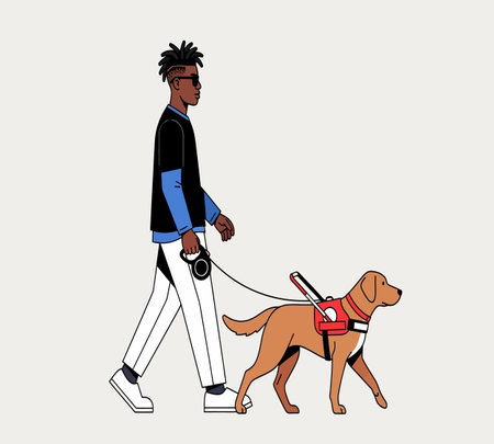 Young man walking with a dog. Vector illustration in flat style.の素材