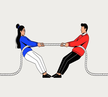 Man and woman pulling a rope, tug of war. Vector illustrationの素材