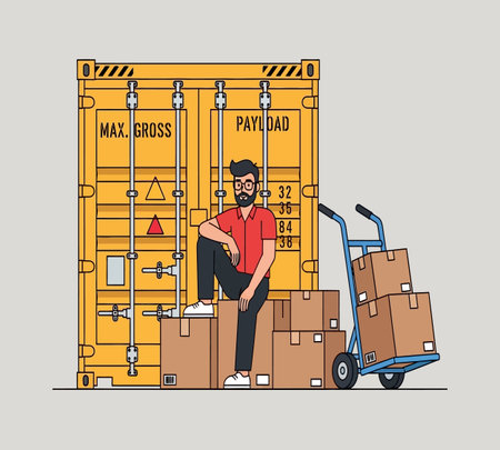 Warehouse worker with boxes and trolley vector illustration graphic design.の素材