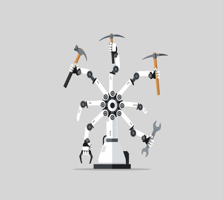 Robotic arm with different tools. Vector illustration in flat style.の素材
