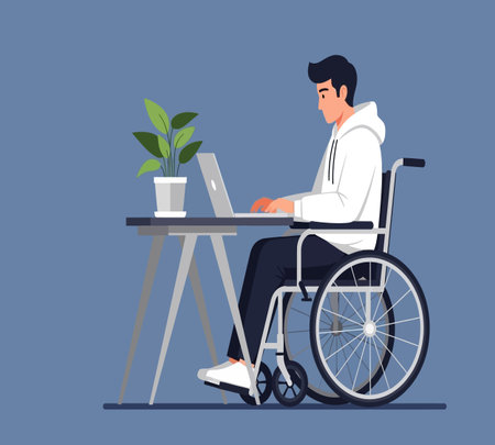 Disabled man in wheelchair working on laptop. Flat vector illustration.の素材